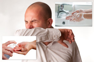 A man with his arms stretched out, and two pictures of hands in the bathroom.